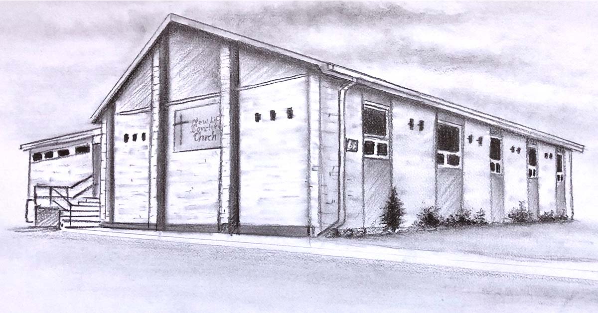 A pencil drawing of the church building